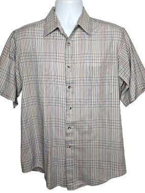 Vintage 70s Centura Button Up Shirt Size L Gray Rainbow Plaid Short Sleeve